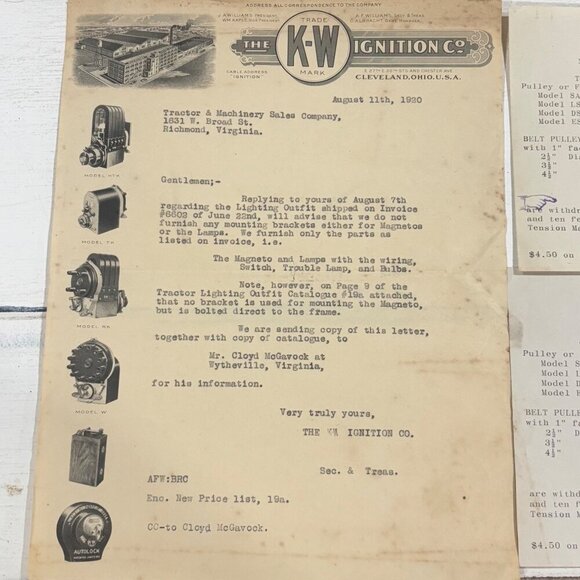 Antique K W Ignition Co Letterhead Pricing Auto Tractor Model Photos Graphic - Picture 2 of 11